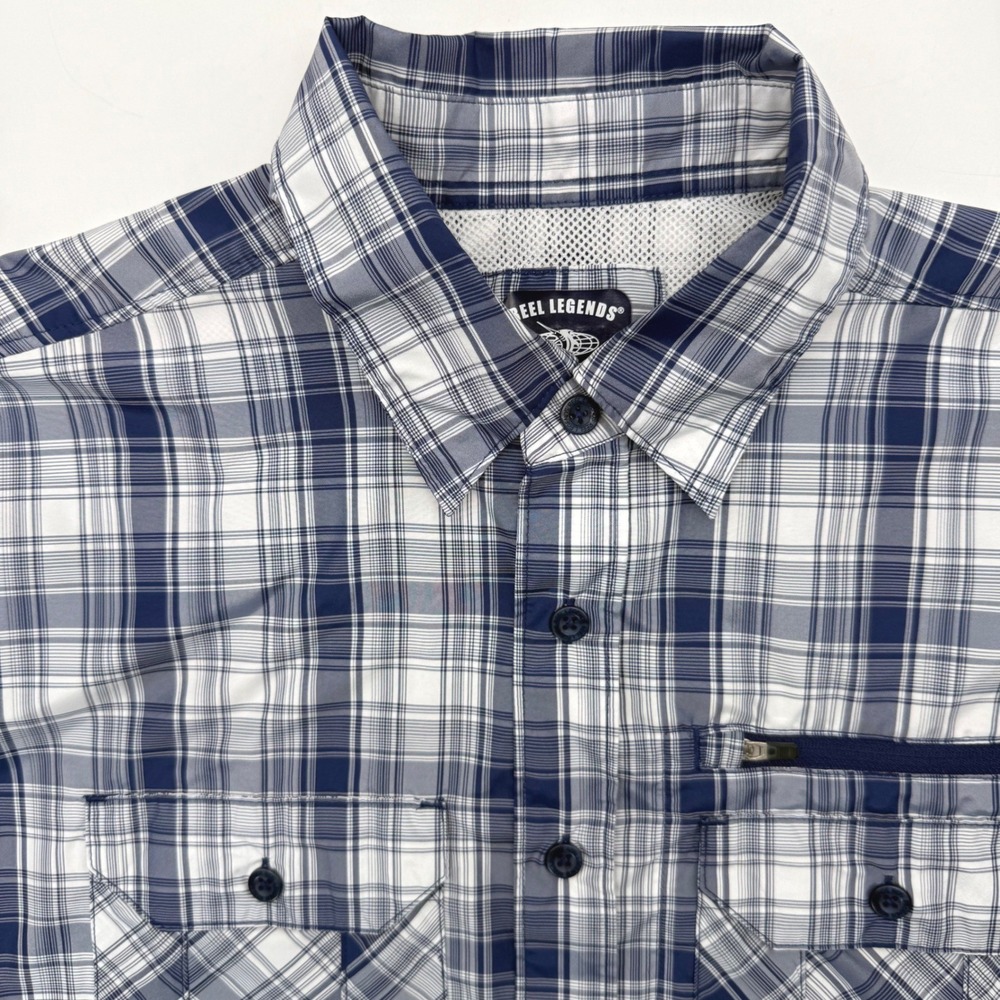 Reel Legends Fishing Shirt Mens Large Blue White Plaid S/S Ventilated Utility